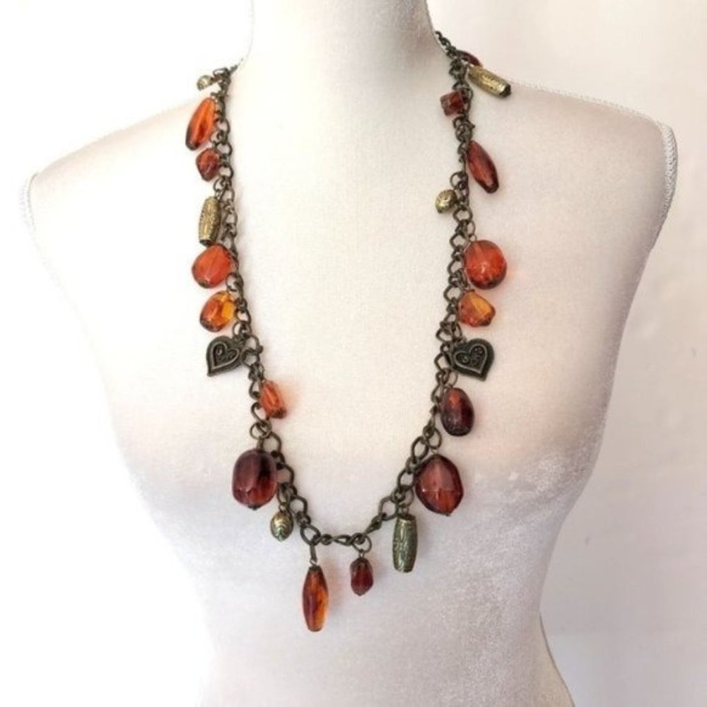 Vintage Necklace Amber Color Beaded Heart Drops Extra Long Different Shapes